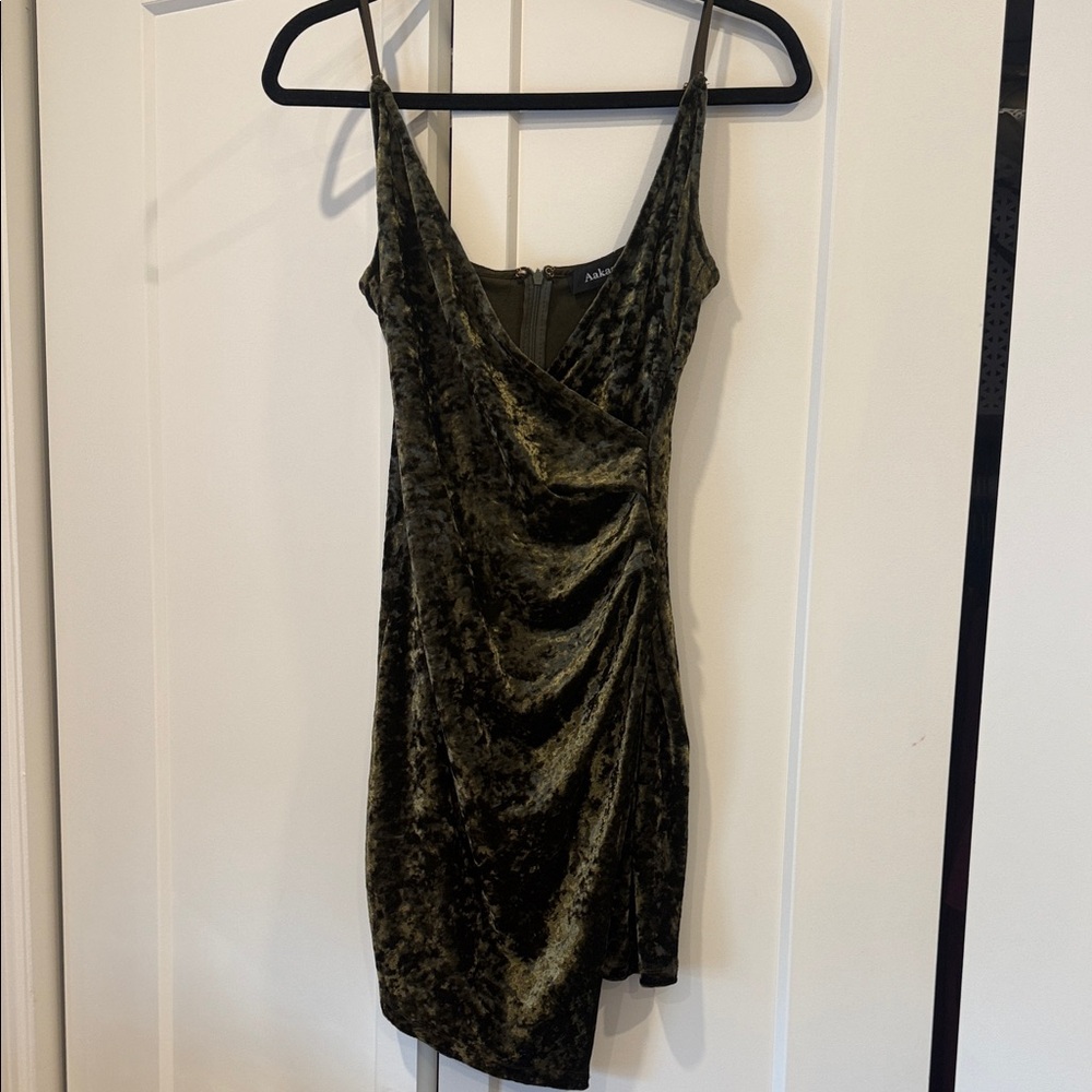 Aakaa Olive Velvet Draped Mini Dress
